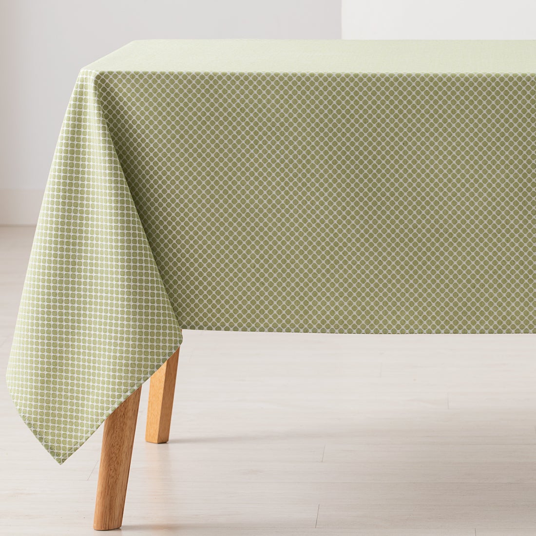 Mantel antimanchas rectangular jacquard 140x300cm, tacto tela, caída natural, algodón combinado diseño motivos circulares losan color verde
