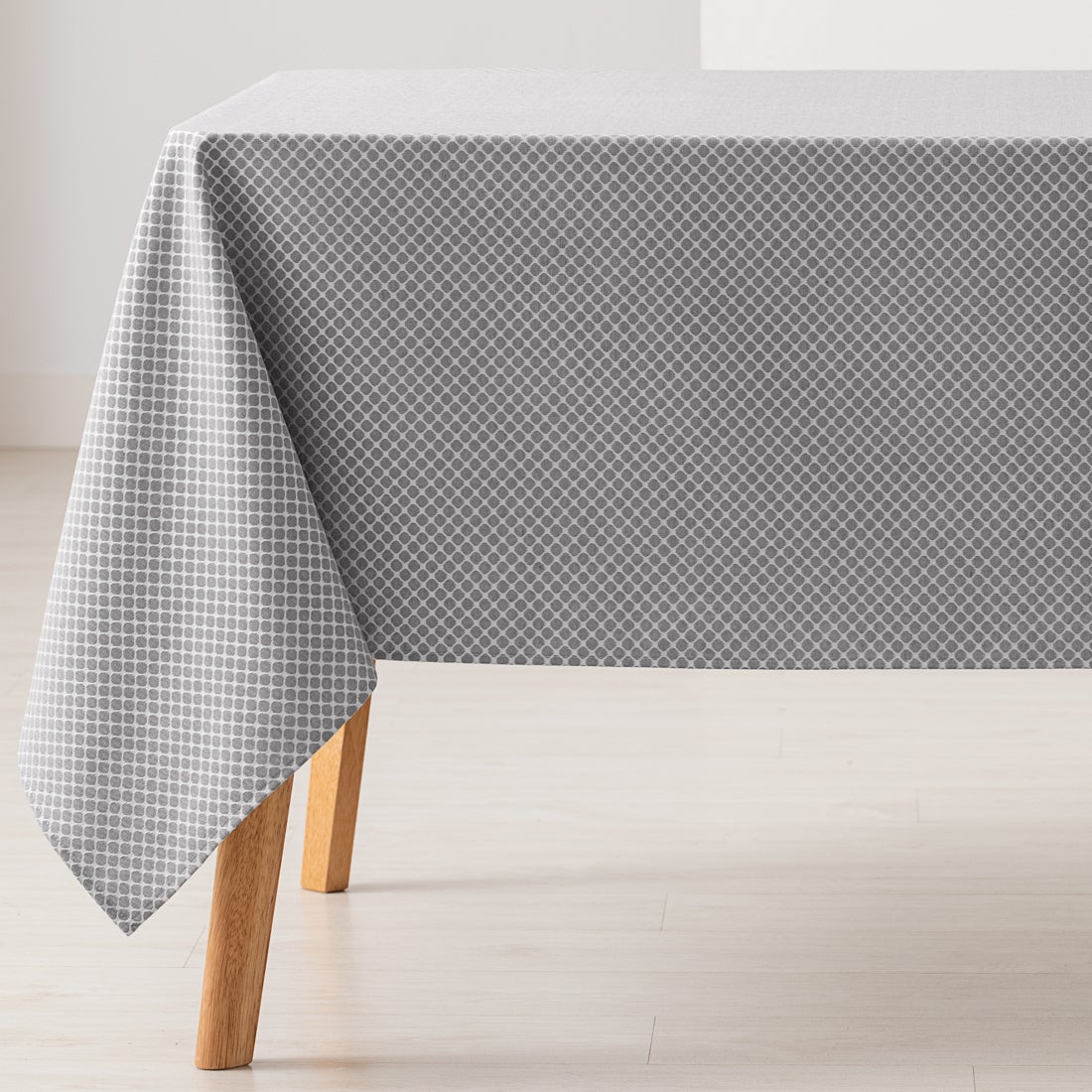 Mantel antimanchas rectangular jacquard 140x300cm, tacto tela, caída natural, algodón combinado diseño motivos circulares losan color gris claro