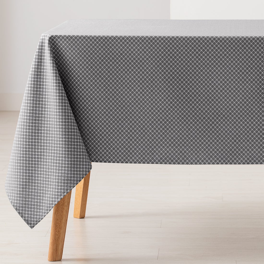 Mantel antimanchas rectangular jacquard 140x300cm, tacto tela, caída natural, algodón combinado diseño motivos circulares losan color antracita