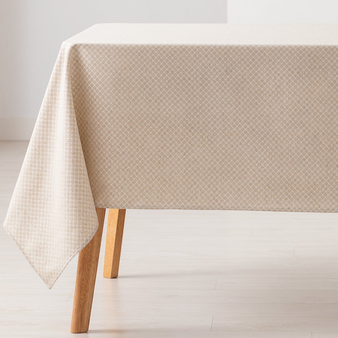Mantel antimanchas rectangular jacquard 140x300cm, tacto tela, caída natural, algodón combinado diseño motivos circulares losan color lino