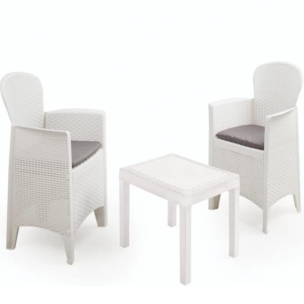 Tavolino e poltrone sedia con cuscino in resina bianca Salotto