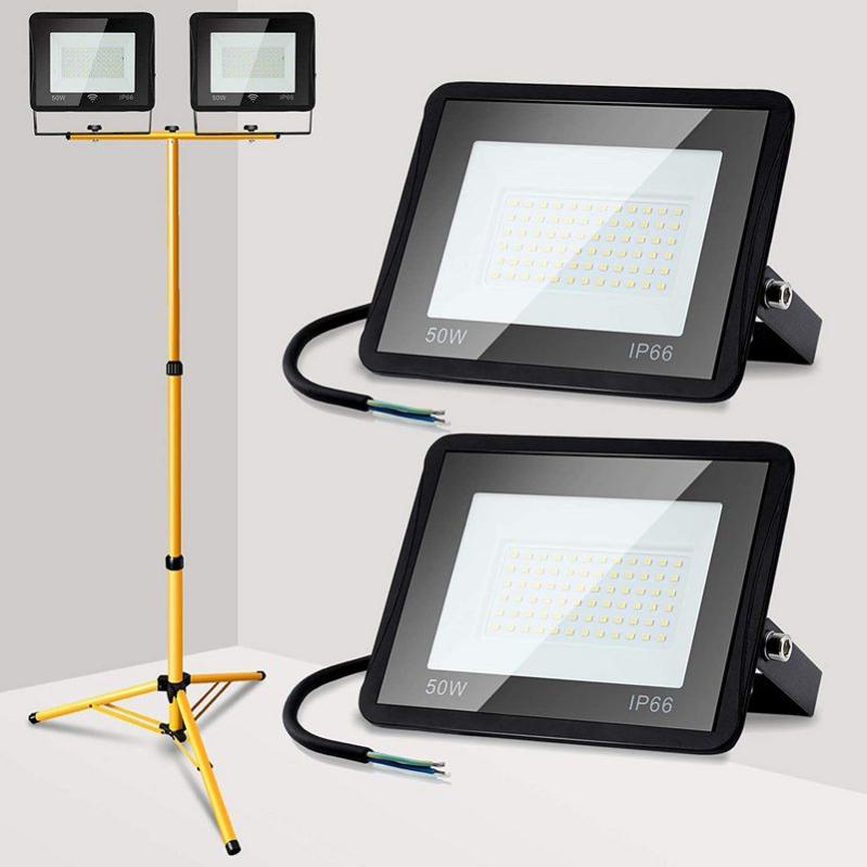 Projecteur LED Chantier 50W-200W Jaune Sur Trépied - IP65, Avec Prise, Pour éclairage Extérieur Ou Travail