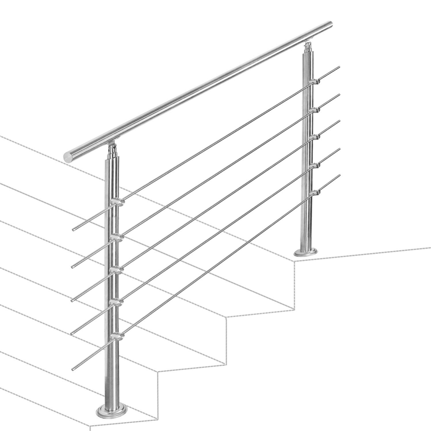 LZQ 180cm Main courante en acier inoxydable pour escaliers, balustrade, balcon et autres utilisations intérieures et extérieures avec traverses (180 cm, 5 traverses LZQ 180cm Main courante en acier inoxydable pour escaliers, balustrade, balcon et autres utilisations intérieures et extérieures avec traverses (180 cm, 5 traverses