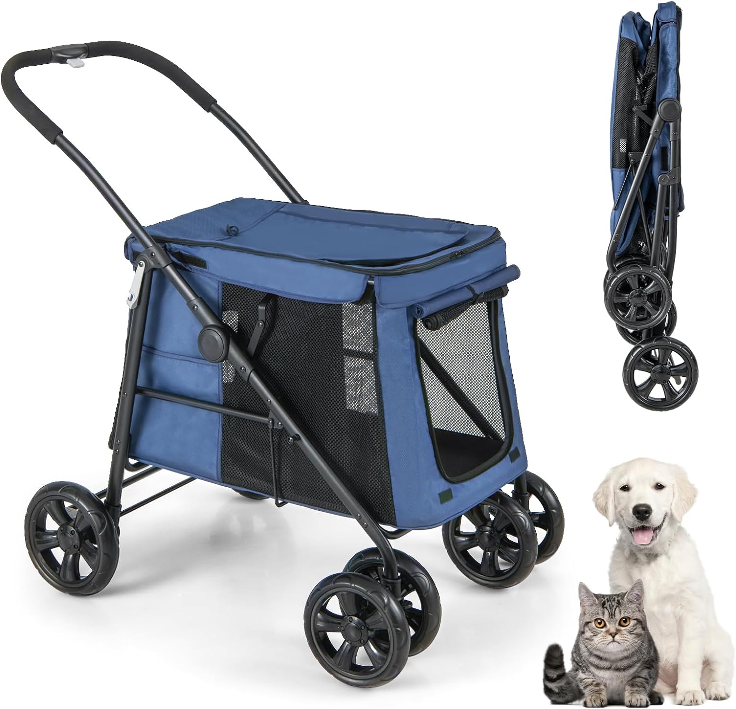 Poussette pour Chien Chat Poussette Pliable a 4 Roues avec Portes Zippees Lucarne Respirante Fenetres en Maille Bleu Leroy Merlin