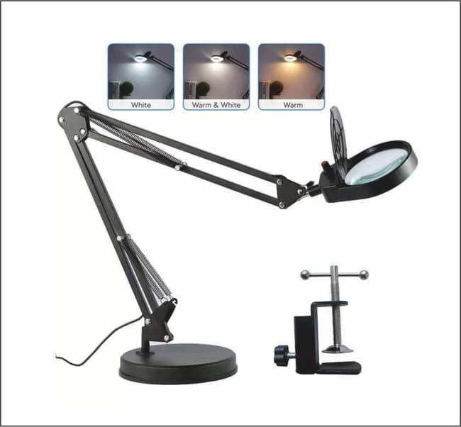 Lámpara con lupa de aumentos, Lente de cristal Ø95 mm, Brazo