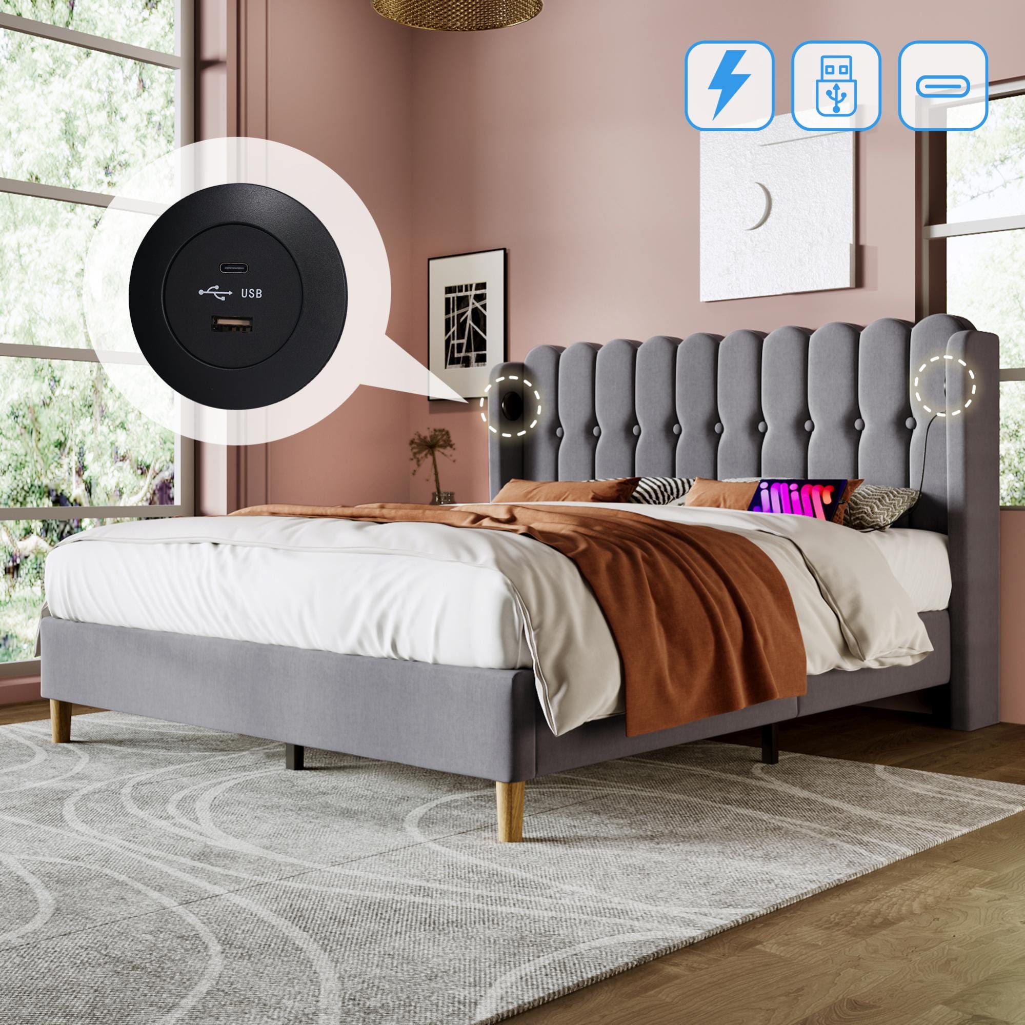 Lit rmbourré 160x200 avc éclairag LD t pris USB, têt d lit avc rangmnt, big au millur prix Lit rmbourré 160x200 avc éclairag LD t pris USB, têt d lit avc rangmnt, big au millur prix
