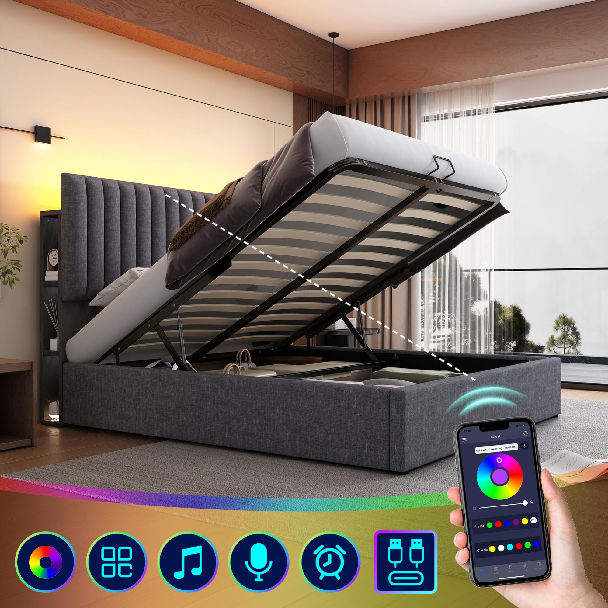 Lit Double 180x200 Avec LED Et Charge USB - Sommier à Lattes, Coffre Hydraulique, Tissu Lin Beige - Sans Matelas - 11