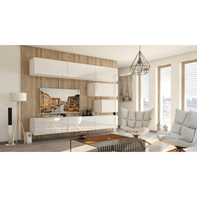 Meuble TV Paris Slavic 4 Éléments - Design Moderne Blanc Brillant Et Chêne Wotan - Meuble Salon Rangement