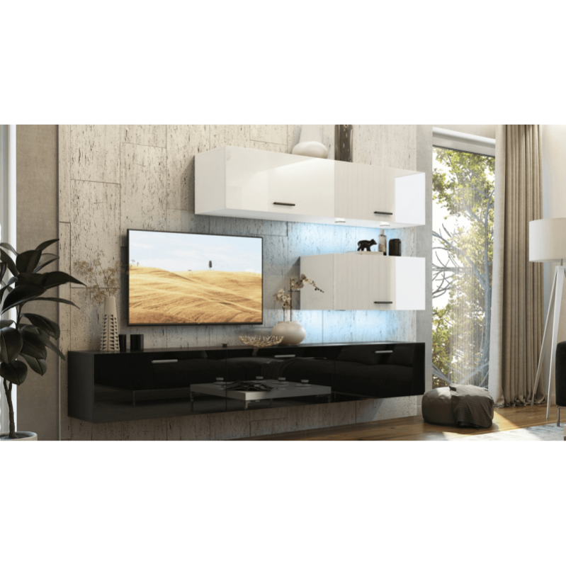 Meuble Salon Complet Fun Plus 2 - Armoire Murale Basalte Avec Décor Bois De Cerf, 325x205x47 Cm