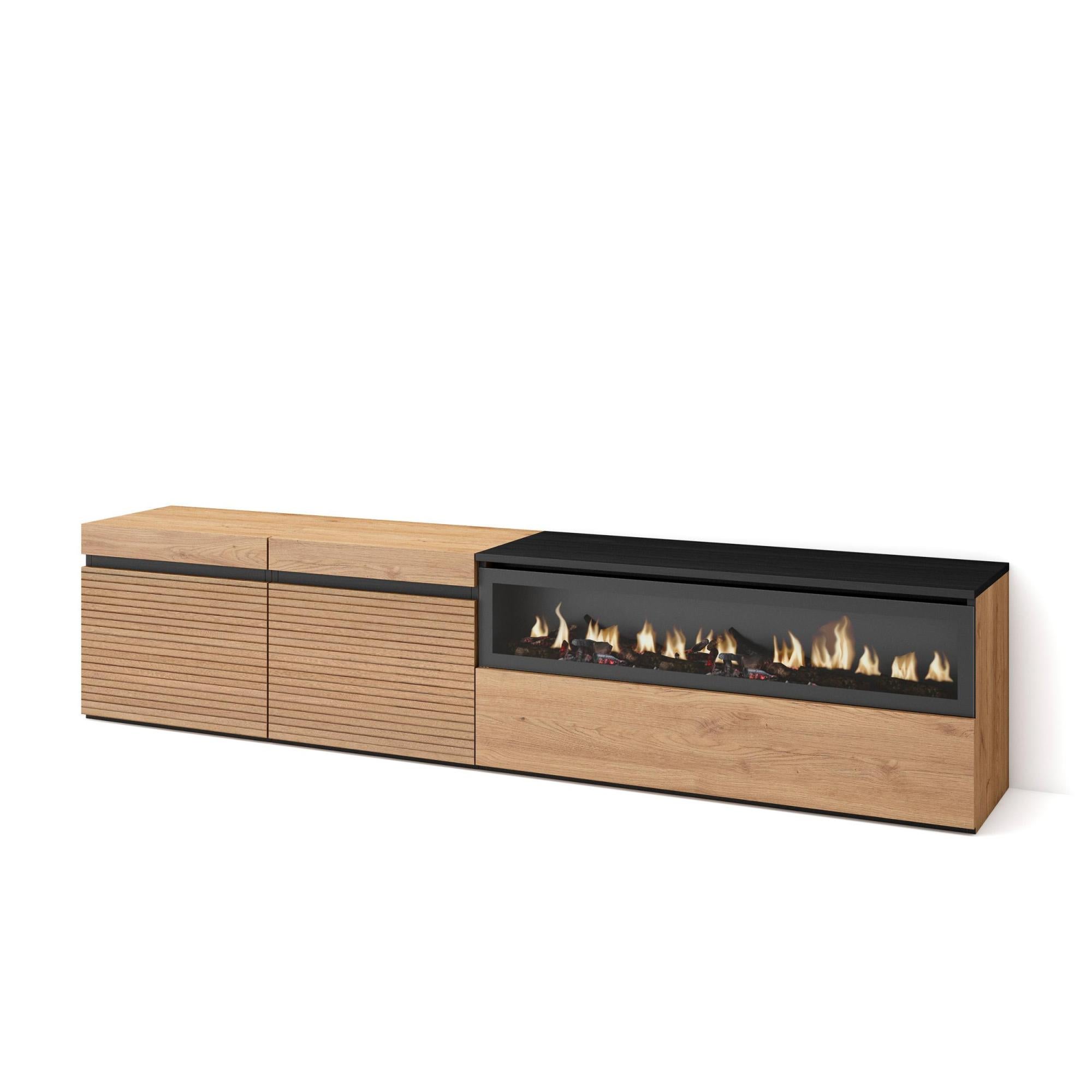 Mobile TV Soggiorno Skraut Home - Con Camino Elettrico LED, Bianco E Rovere, 200x45x35 Cm