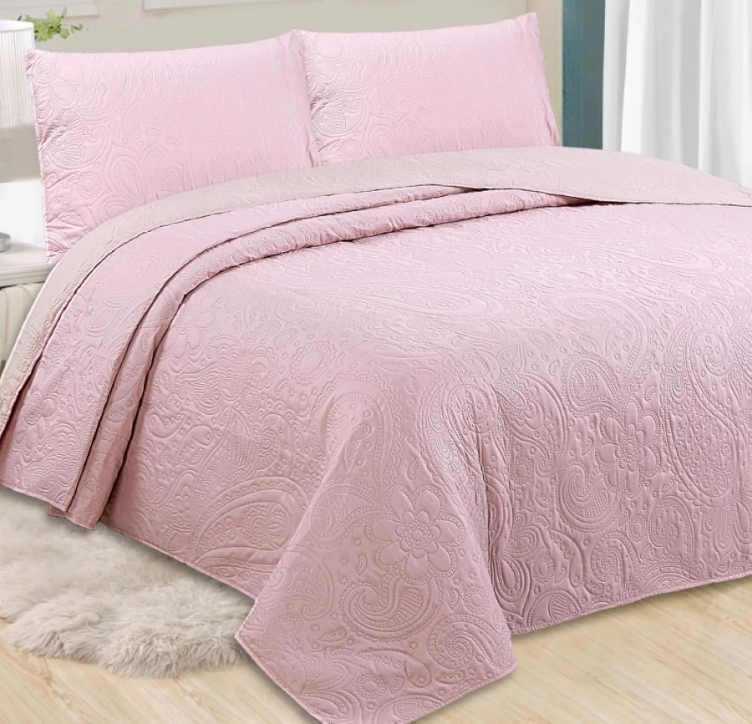Haradeco colcha boutí floral rosa cama 135 con 2 fundas almohada 50x70cm, colcha verano cubrecama para todas las estaciones hogar hosteleria