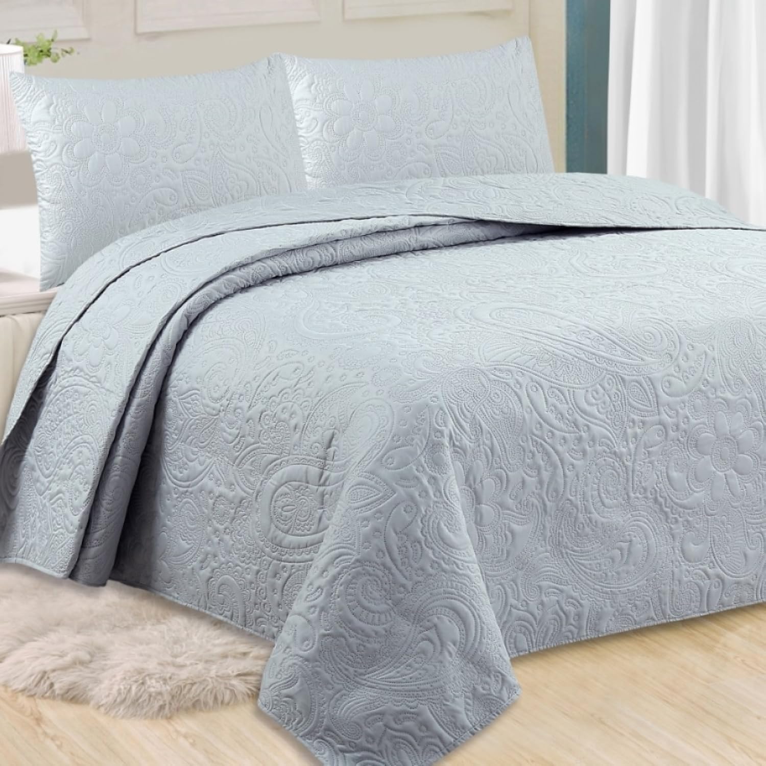 Haradeco colcha boutí floral gris claro cama 150 con 2 fundas almohada 50x70cm, colcha verano cubrecama para todas las estaciones hogar hosteleria