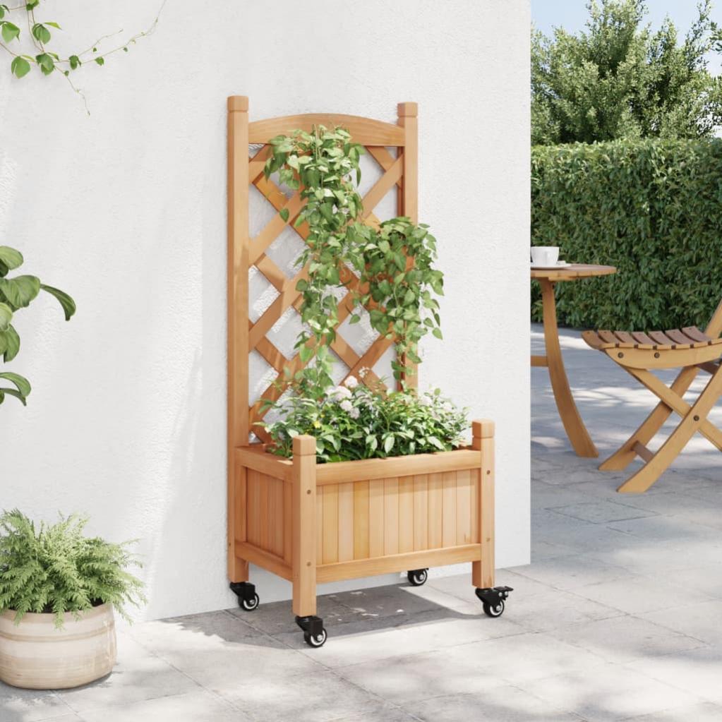 Jardinière, Pot de fleur，Bac à fleurs avec treillis et roues marron bois massif de sapin CFW63935 - 3