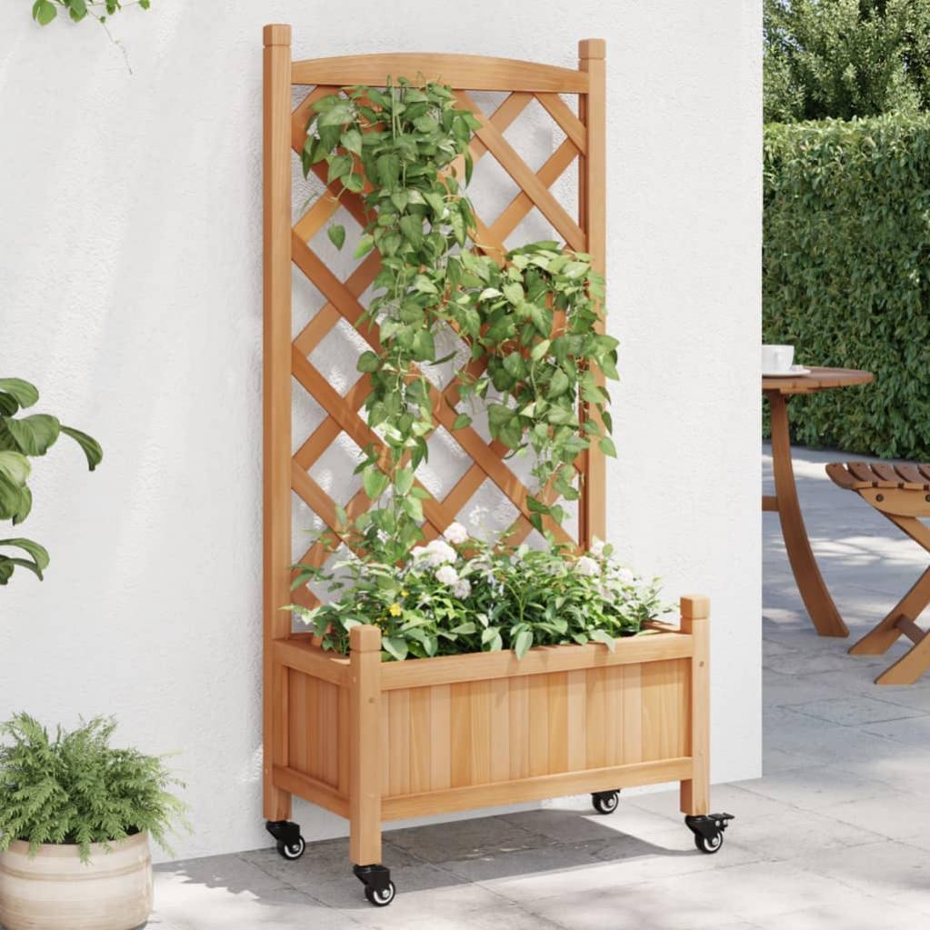 Jardinera，Soporte para flores，Maceta con enrejado y ruedas madera maciza de abeto marrón CFW64739 | Leroy Merlin