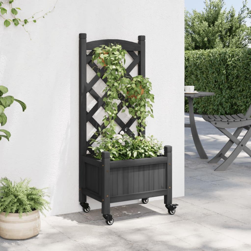Jardinière, Pot de fleur，Bac à fleurs avec treillis et roues gris bois massif de sapin CFW60255 - 3
