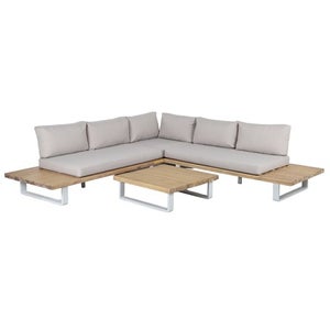 Salon de jardin CARPI 5 places en aluminium et bois d'acacia coussins beige