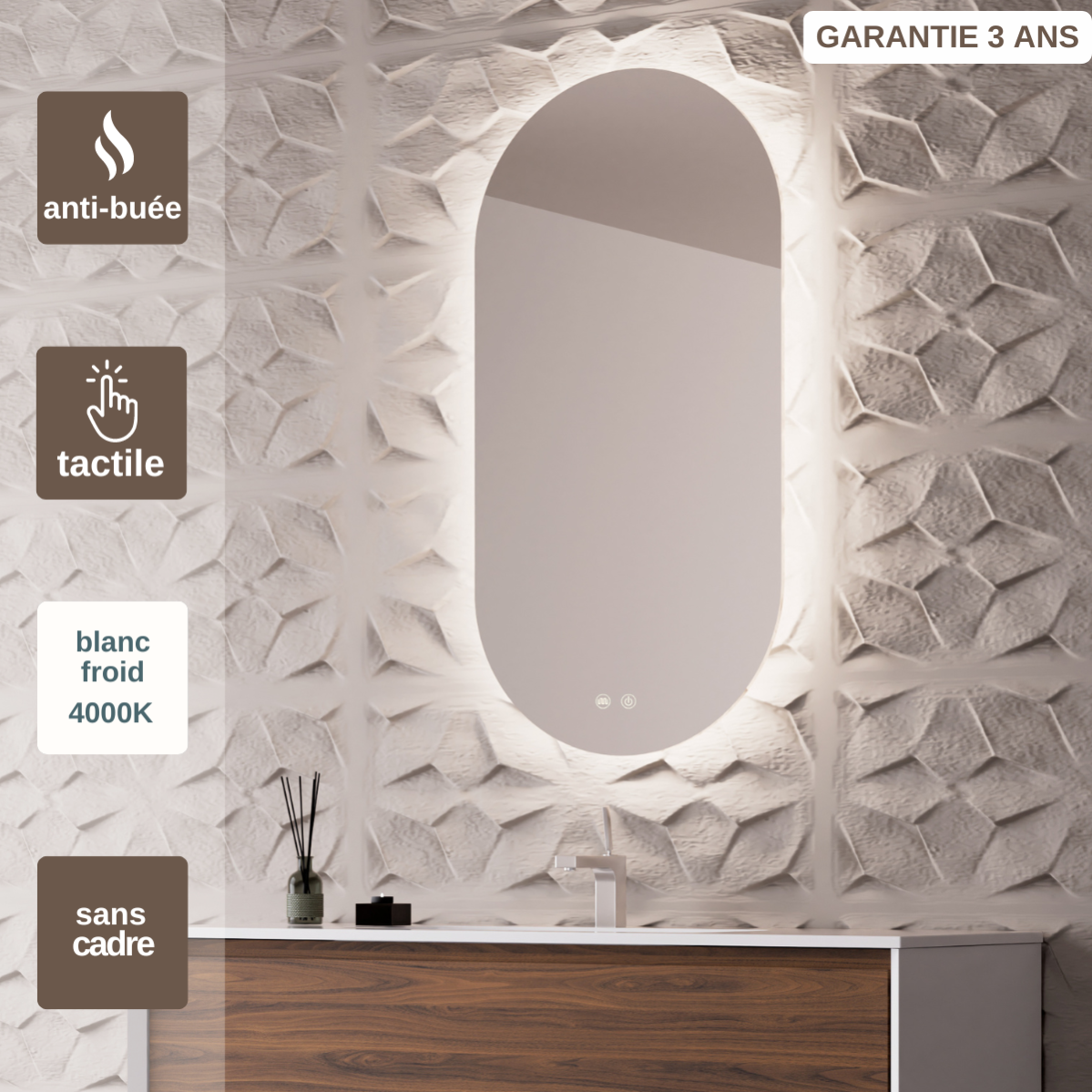 TETOTE Specchio Da Bagno LED 38x28 Cm, Regolabile, Luce Bianca/Calda/Naturale, Antiappannamento, IP54