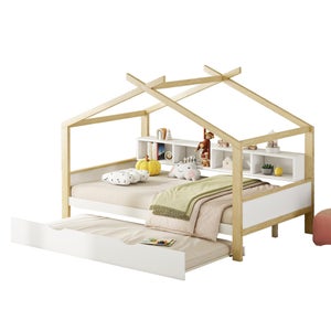 Lit De Sol En Forme De Maison Pour Enfant - 140x200cm - Cadre En Pin Massif Et MDF - Sans Matelas - Gris
