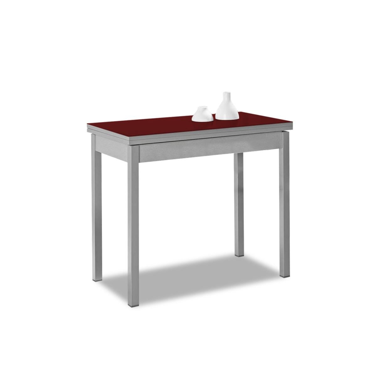 Mesa de cocina extensible de libro sin cajón - 80x40 cm (80x80 cm) - estructura y tapa interior color aluminio - tapa superior cristal color burdeos