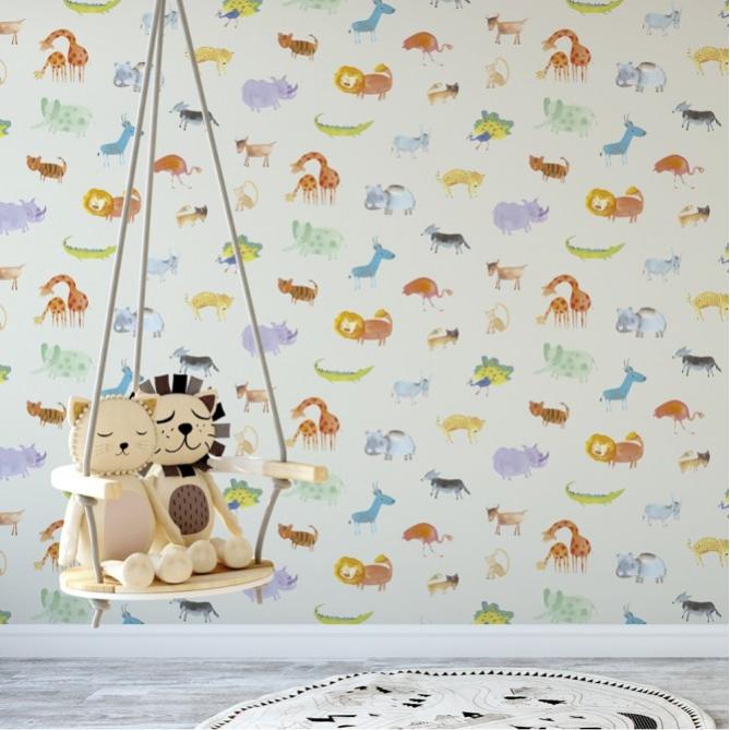Papel pintado safari pintados a la acuarela estilo infantil rollo 10m x 0,52m