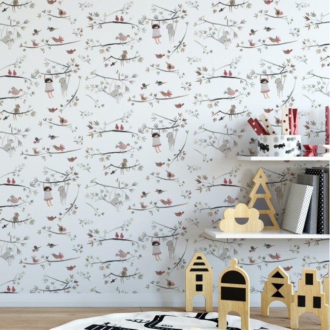 Papel pintado por las ramas niñas monos pintados a la acuarela estilo infantil rollo 10m x 0,52m