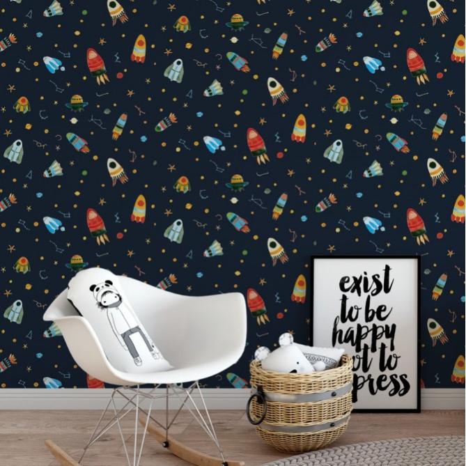Papel pintado naves azul pintados a la acuarela estilo infantil rollo 10m x 0,52m