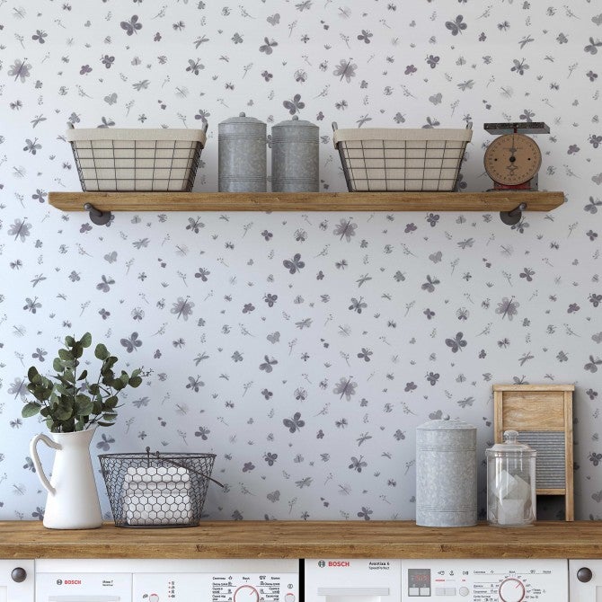 Papel pintado mariposas grises pintados a la acuarela estilo infantil rollo 10m x 0,52m