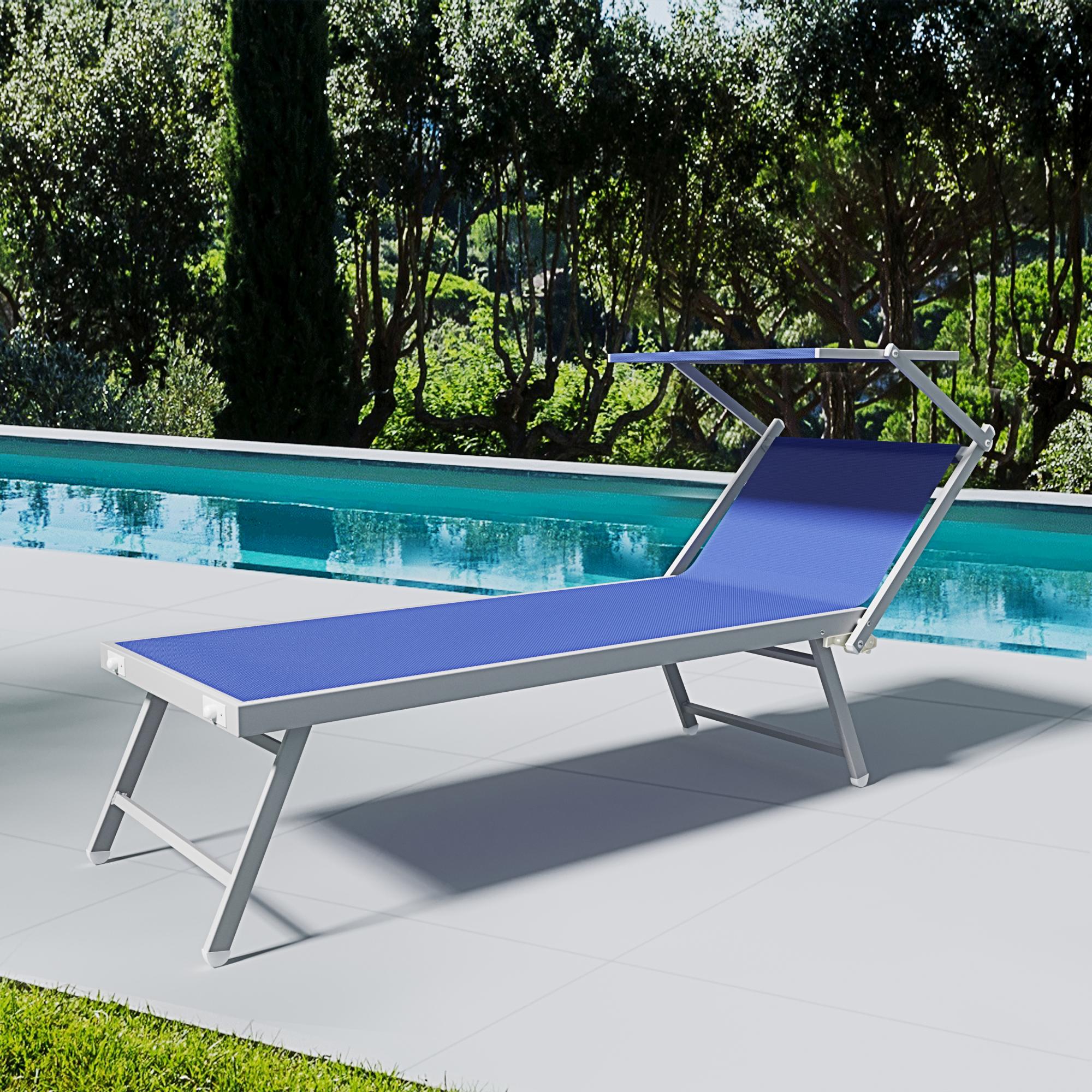 4 Lettini Prendisole Pieghevole Professionale in Alluminio e Tessuto Textilene Tettuccio Orientabile Parasole Sdraio Mare Spiaggia 182x60x38 cm Blu - 2