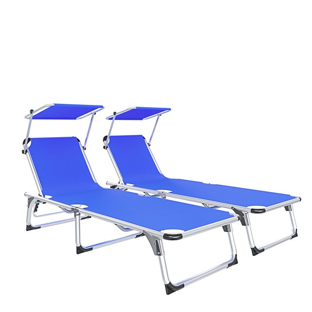 Coppia Di Lettini Pieghevoli Prendisole Tettuccio Parasole Schienale Regolabile In Alluminio Sdraio Spiaggia Mare Giardino Piscina 187x59x29 Cm Blu