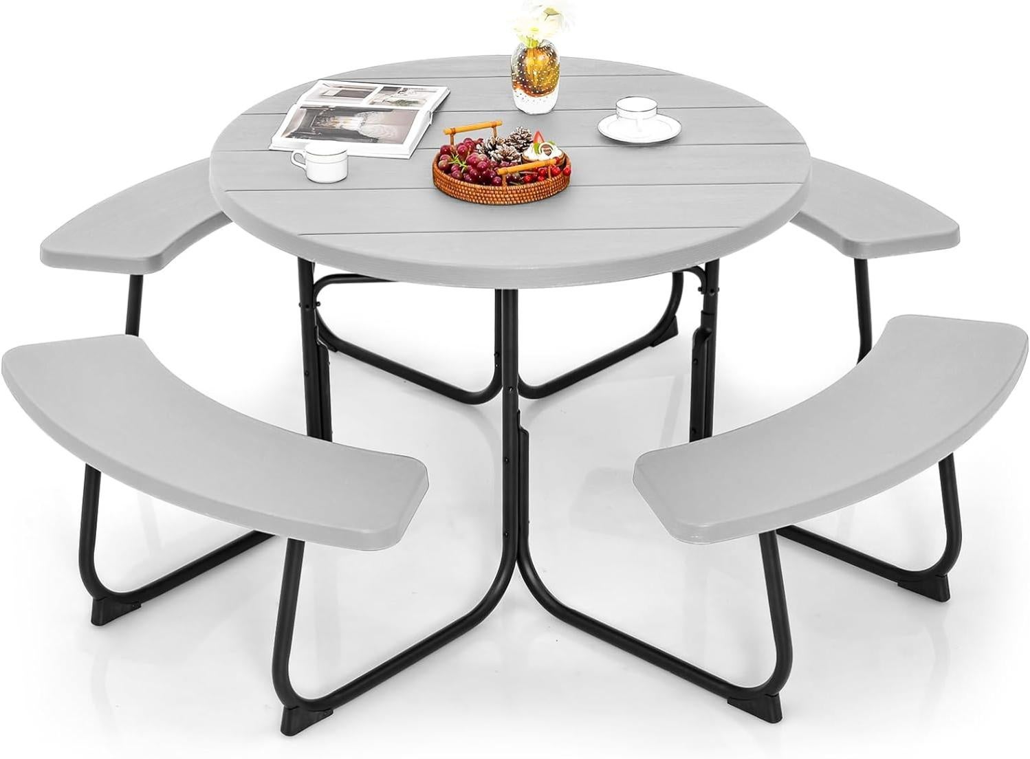 Table de Pique-Nique avec 4 Bancs Intégrés, Trou de Parasol, Cadre en