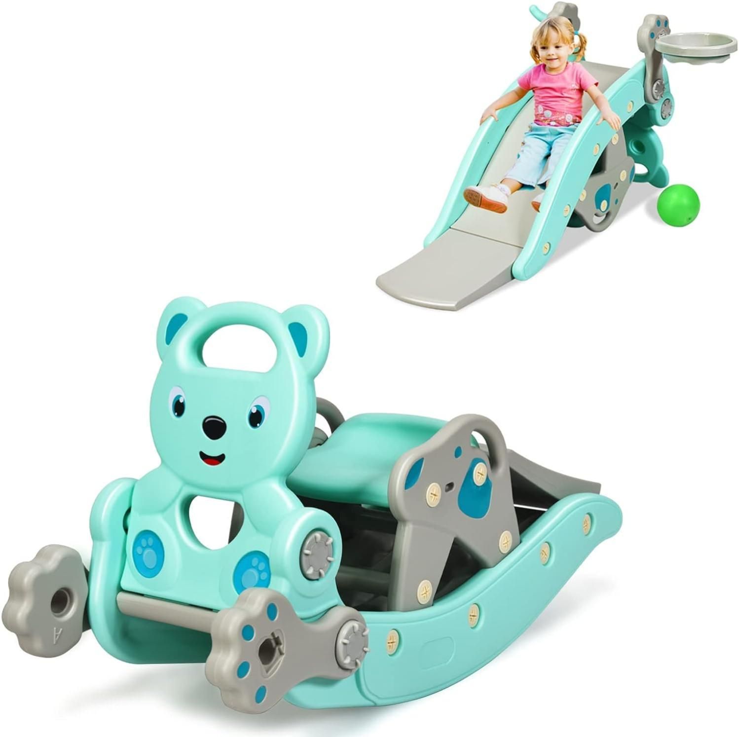 4 en 1 Toboggan et Cheval a Bascule Multifonctionel avec Panier de Basket Jeu de Lancer d Anneaux Chambre d Enfant Vert Ours Leroy Merlin