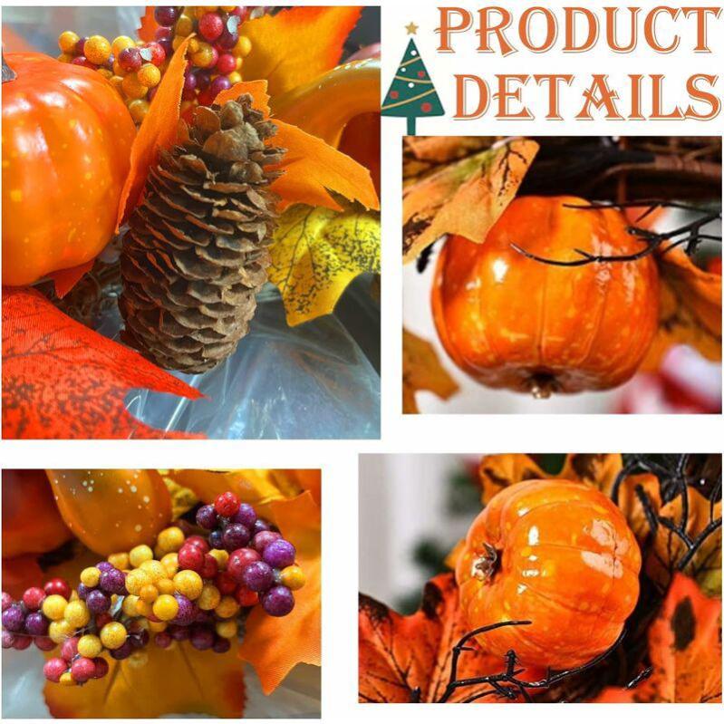 Couronne D'automne Pour Porte - Décorations Fête, Thanksgiving, Halloween, En Soie Et Rotin, Diamètre ~45-50 Cm - 2