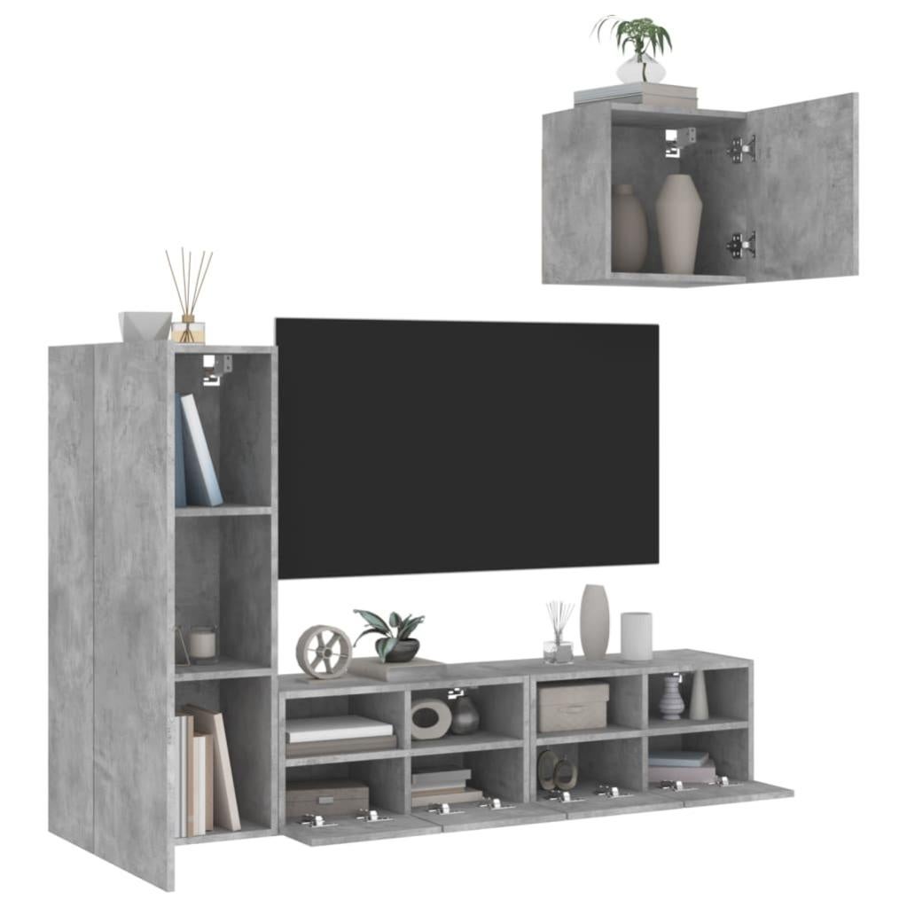 VidaXL Set Mobile TV A Parete Con Luci LED RGB – 4 Pezzi In Grigio Cemento, Legno Multistrato