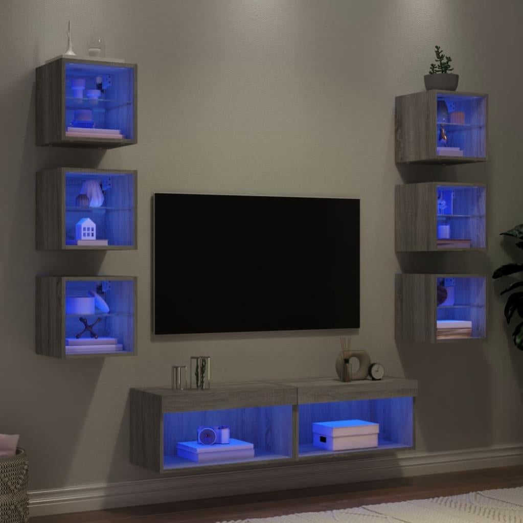 VidaXL Set Mobile TV A Parete Con Luci LED 4 Pezzi – Grigio Sonoma – Legno Multistrato – Mensole Porta Oggetti Modulari