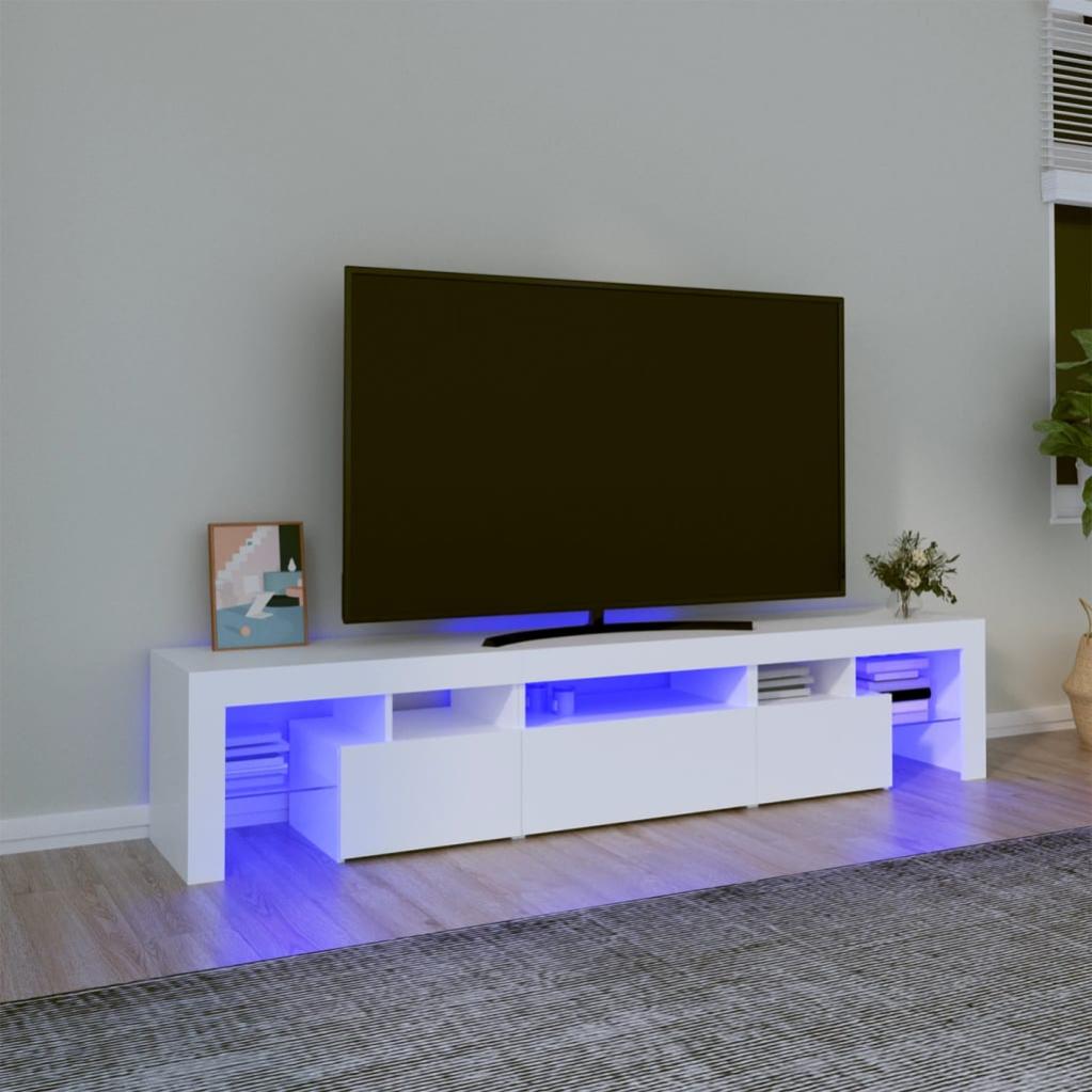Meuble TV moderne avec 3 portes et étagères en Verre, Armoire TV blanc 200cm avec éclairage LED pour salon chambre, 200x39x42 cm - Maison