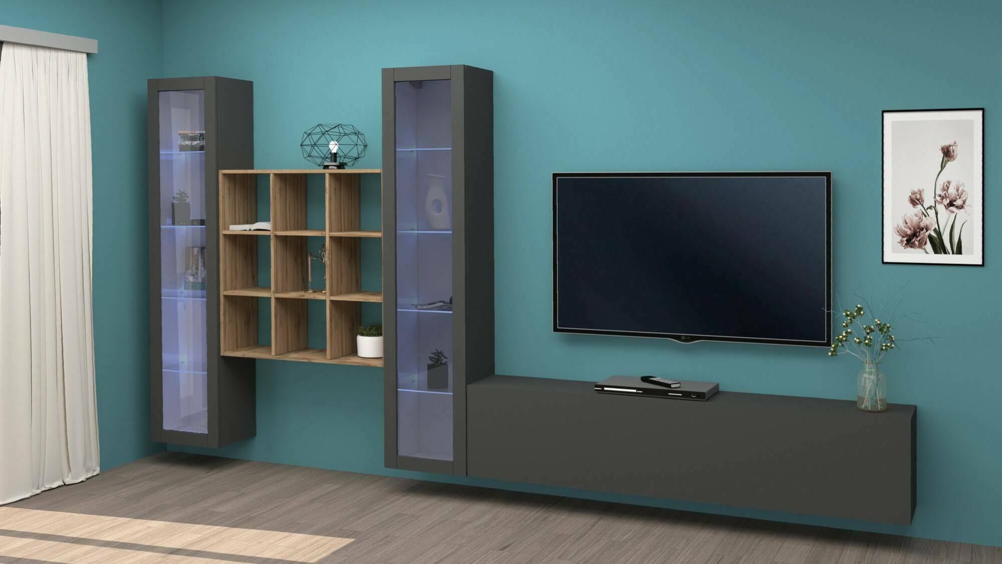 Meuble TV Design Noyer/marbre 160cm Avec étagères - Ensemble Salon Moderne Et Fonctionnel