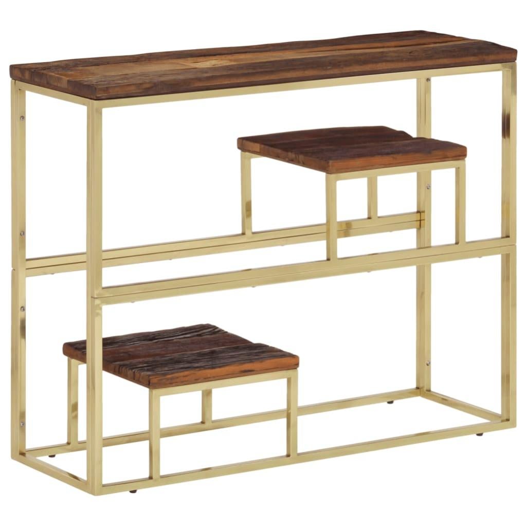 Table Console Dorée - Acier Inox Et Bois Massif - Style Récupération - NEUVE