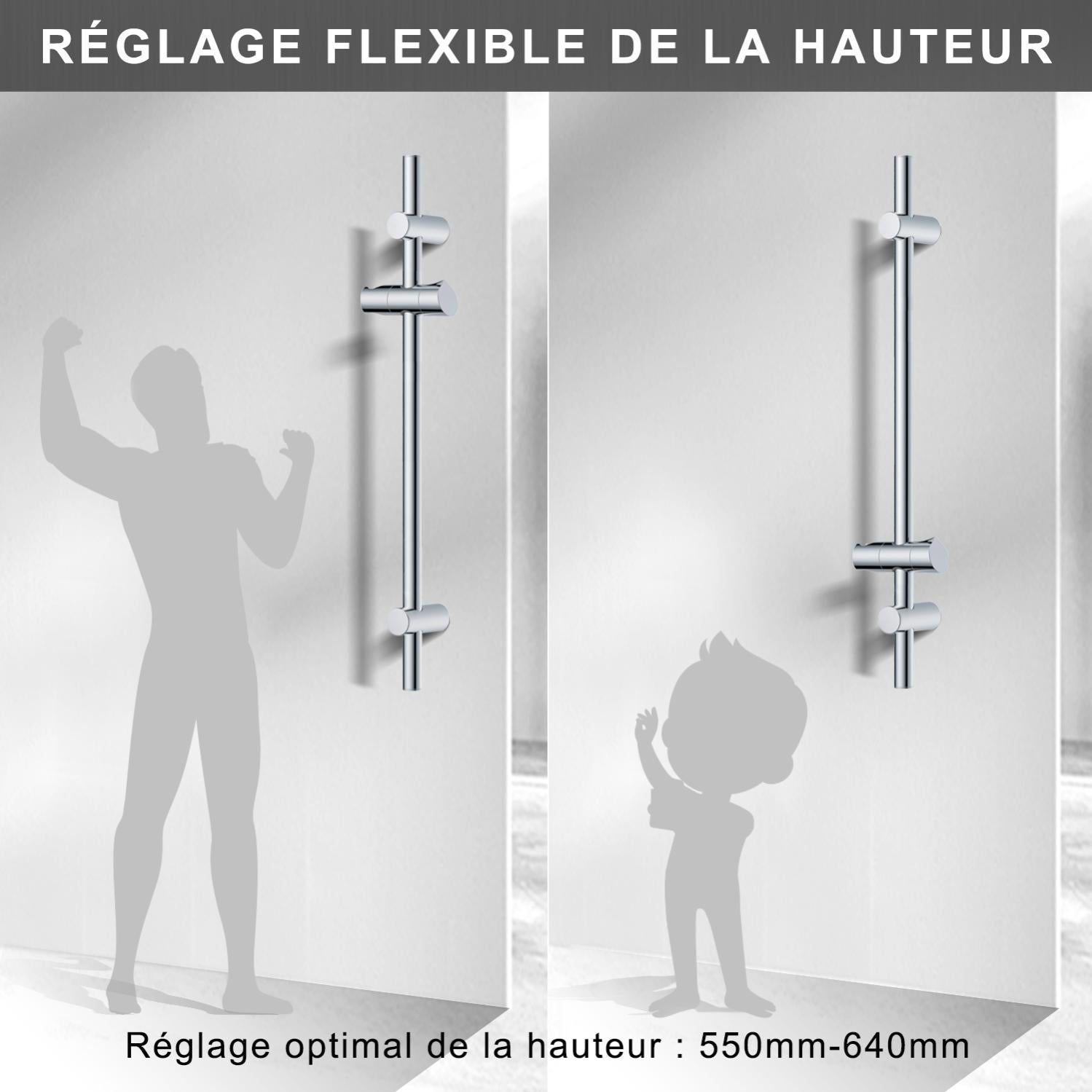 Barre de douche Chromé 70cm, Barre de douche en acier inoxydable avec Support de pommeau de douche pivotant à 360°-Fixations murales ajustables - 3