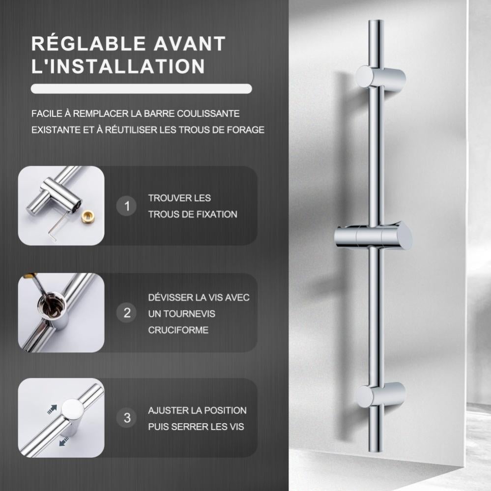 Barre de douche Chromé 70cm, Barre de douche en acier inoxydable avec Support de pommeau de douche pivotant à 360°-Fixations murales ajustables - 5