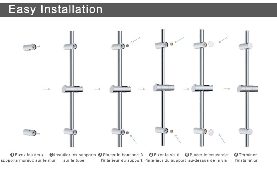Barre de douche Chromé 70cm, Barre de douche en acier inoxydable avec Support de pommeau de douche pivotant à 360°-Fixations murales ajustables - 8