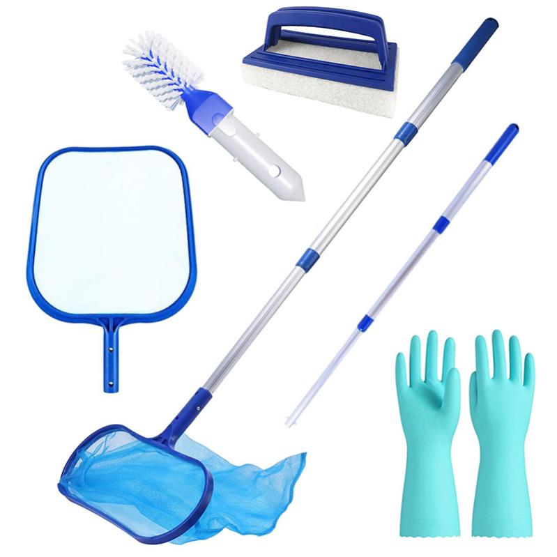 Épuisette Piscine Fond + Kit Nettoyage 5 Pièces – Manche Télescopique 40-93 Cm, Filet Feuilles, Brosse, Gants, Pour Piscine, Étang, Spa