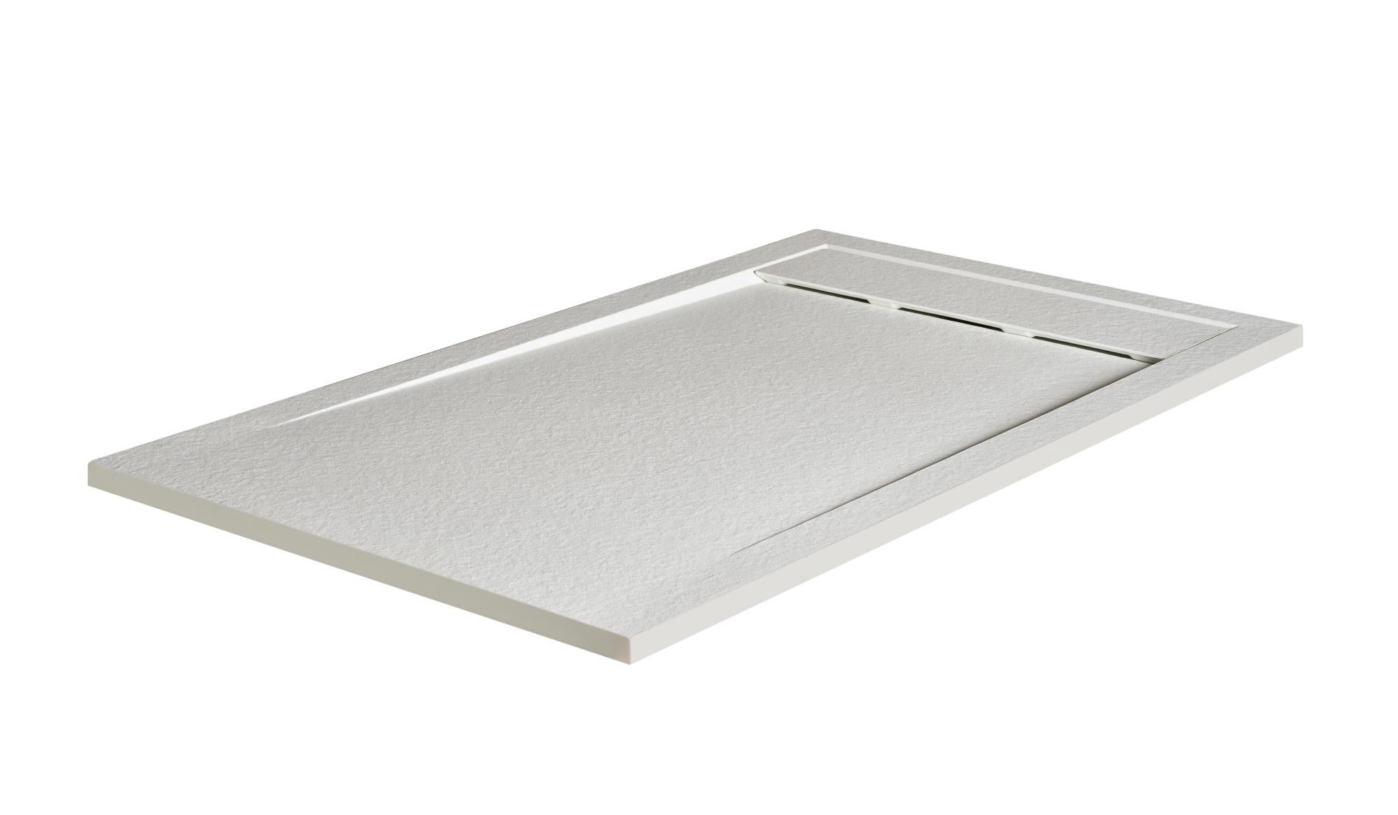 Plato Ducha Blanco Efecto Piedra 90x140 Cm-Rejilla Patrón Lineal Negra Mate