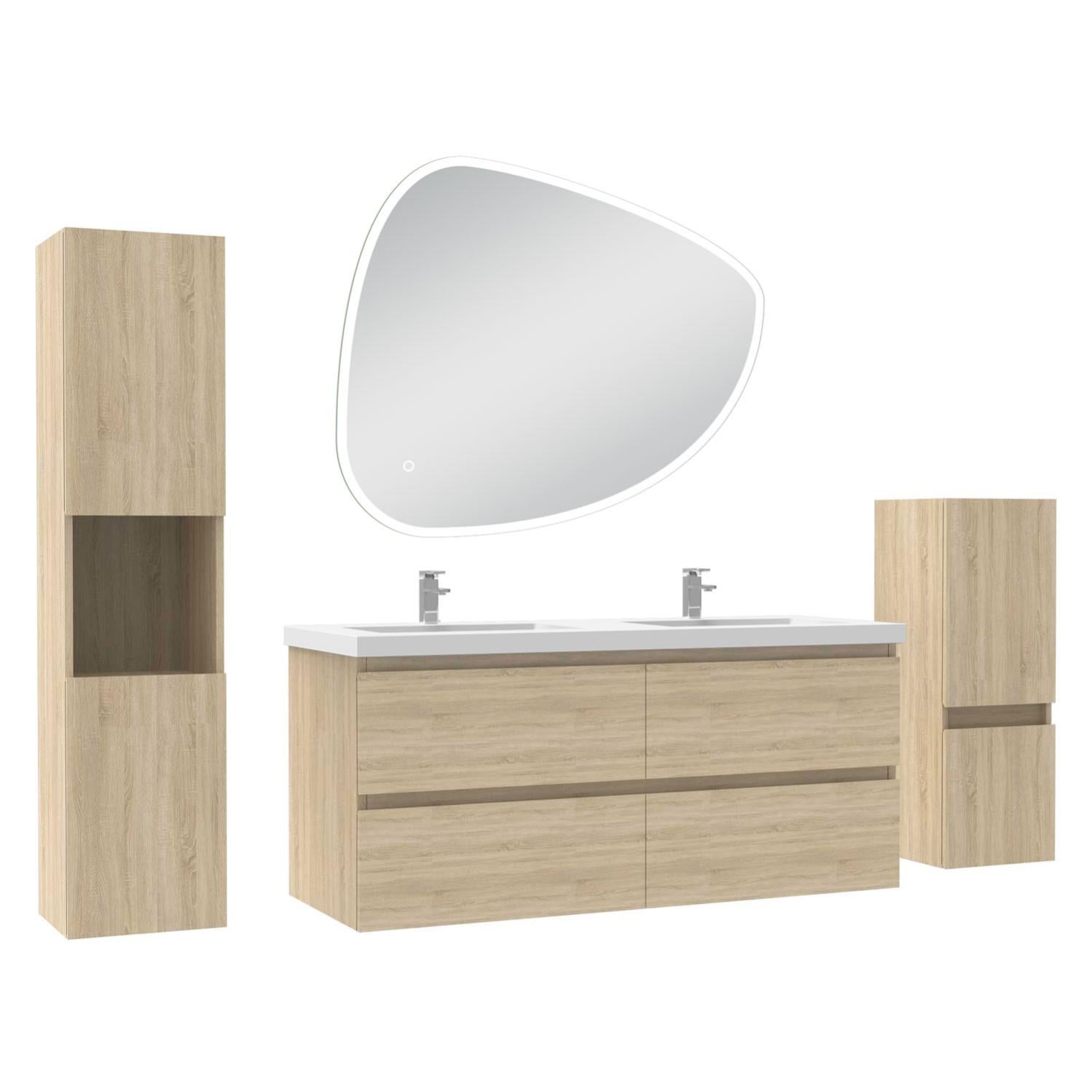 Meuble Salle De Bain AICA 120cm Avec Miroir Lumineux - Blanc - Rangeement Maxi - Anti-Buée - 5 Pièces