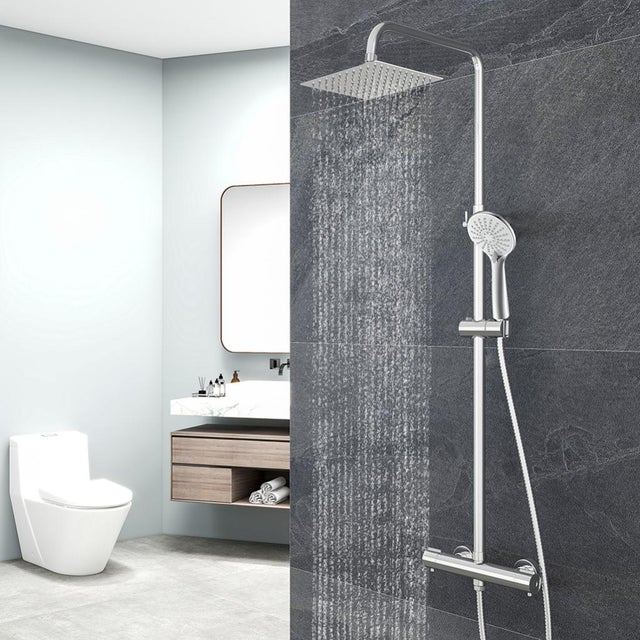 OCEAN colonna doccia con miscelatore termostatico, kit doccia con soffione 20x20cm e doccetta 24x10.5cm, altezza regolabile 74-114cm, cromo
