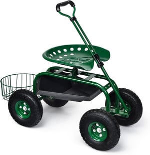 Siège de Jardinage Roulant avec Plateau à Outils, Poignée Extensible, Panier de Rangement, Siège 360Degrés & 45,5-54,5cm,Vert