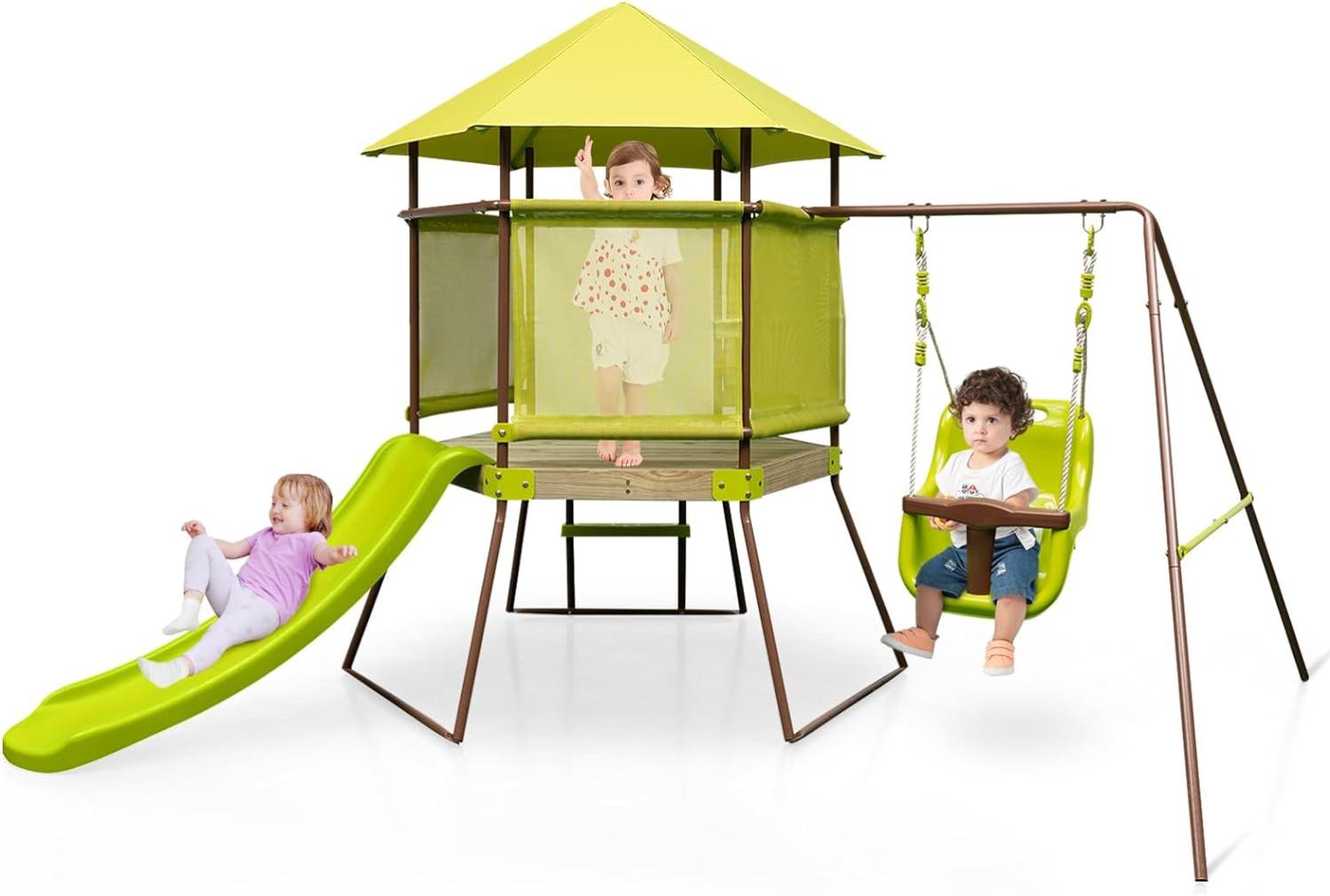 Aire De Jeux 7 En 1 En Bois Et Métal - Toboggan, Balançoire, Bac à Sable - Pour Enfants 3-12 Ans - Jardin