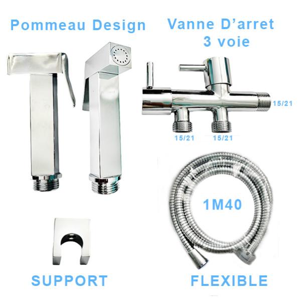 Kit Douchette 3 Voies V1 Pour Ablution, Lavement, Hémorroïdes – Chromé, Flexible Inox