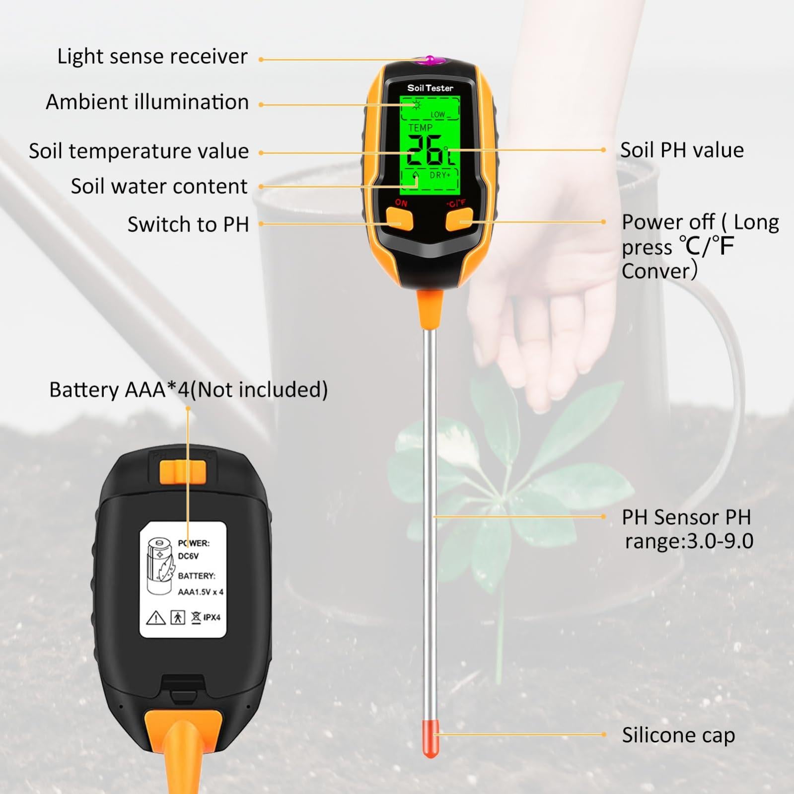 Misuratore di umidità del suolo 4 in 1, display LCD digitale, rileva  illuminazione/temperatura/umidità/valore PH, per giardinaggio, agricoltura 