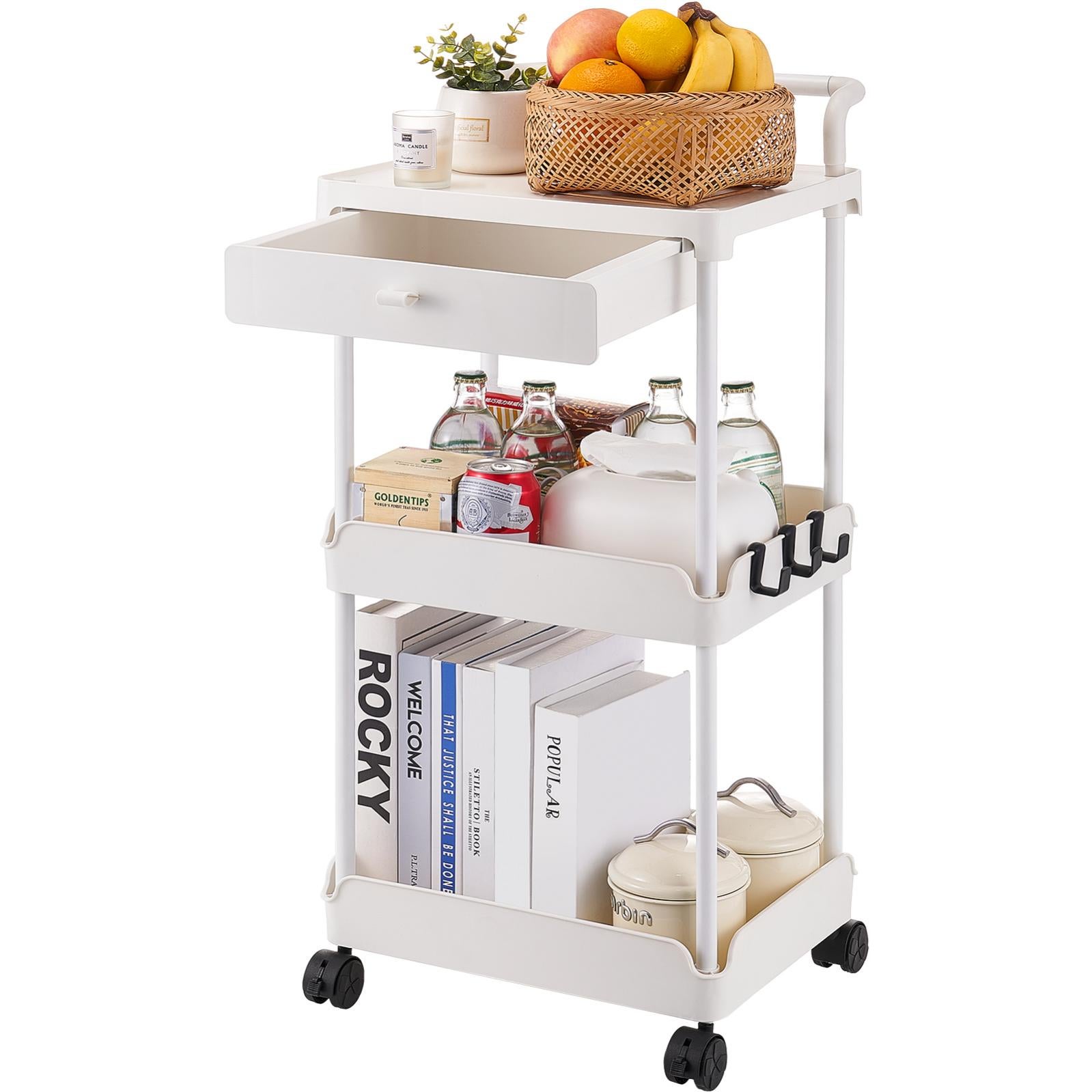 Carrello Cucina HOMCOM A 3 Livelli Con 3 Cestini E 4 Ganci – Bianco, Ruote Con Freno, 12 Scomparti Superiori