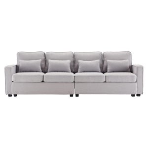 Canapé 4 Places En Lin Moderne - Largeur 290 Cm - Avec Poches Accoudoirs, Ports USB, Porte-gobelets - Gris - Pour Salon/bureau